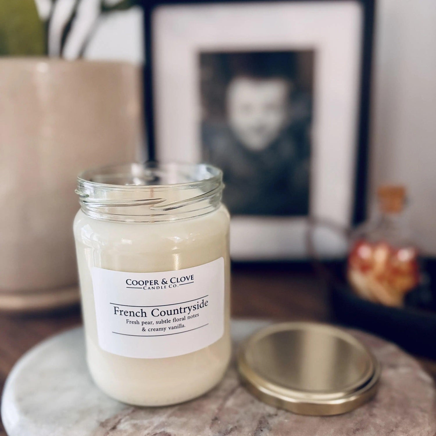 French Countryside soy candle with fresh pear & vanilla notes, luxury home fragrance in glass jar