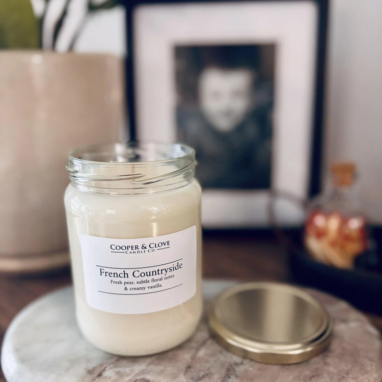 French Countryside soy candle with fresh pear & vanilla notes, luxury home fragrance in glass jar