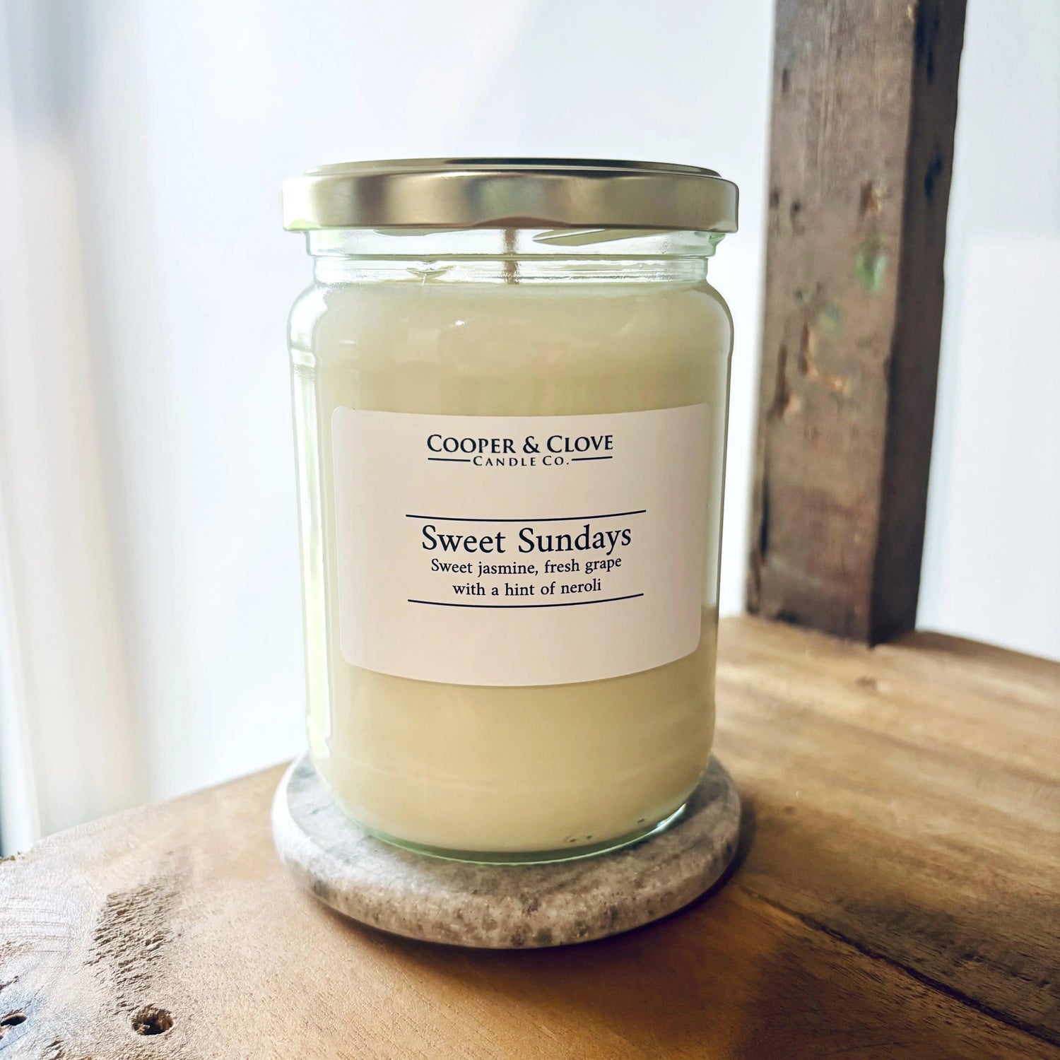 Sweet Sundays soy candle with jasmine and grape scent, luxury home fragrance in glass jar